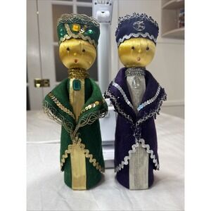 2 Vtg Wise Men Kitsch Handmade 60s 70s Satin Felt Sequins Beaded Bottle Nativity